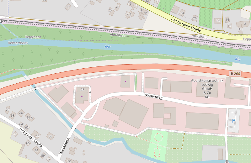 Map detail: the premises are on Wiesenweg in the Heimersheim business park, north of the Ahr and south of the B266.